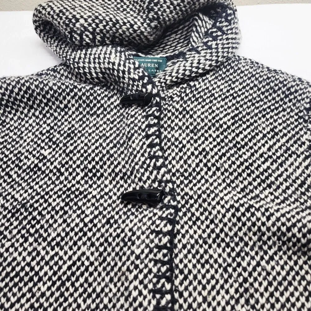 Lauren Ralph Lauren Hand Knit Lambswool Toggle Hooded Coat Size L Black White